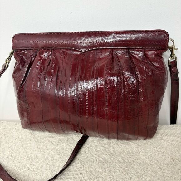 80s/90s Vintage Red Eel Skin Convertible Clutch Shoulder Bag Burgundy - Picture 1 of 7